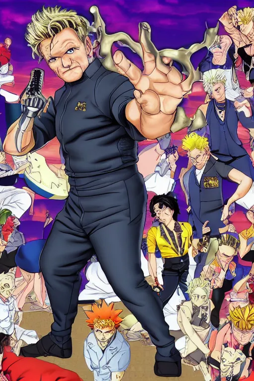 Image similar to Gordon Ramsay as a Jojo's Bizarre Adventure character, digital art by Hirohiko Araki