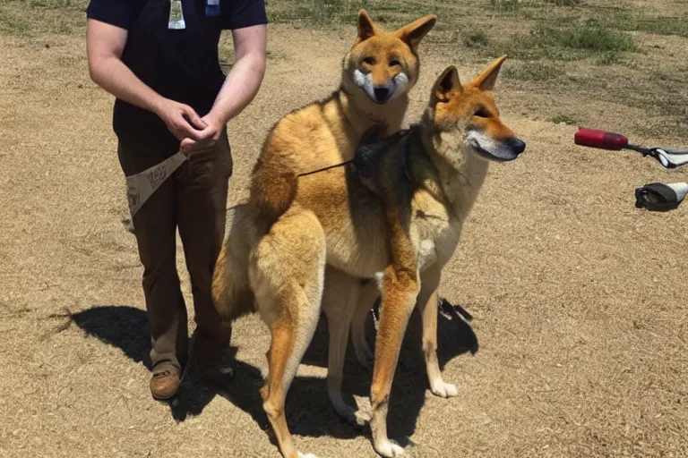 Image similar to anthropomorphic dingo man at his wolf job, day one