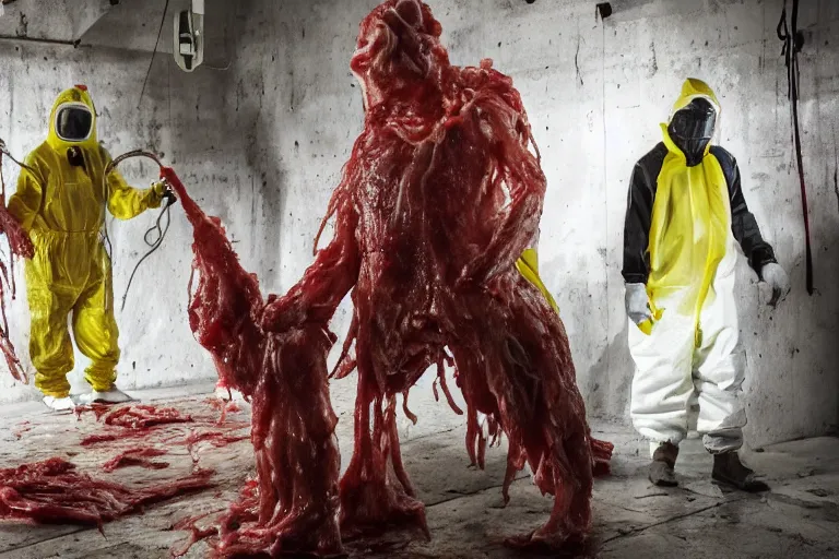 Image similar to a man in a hazmat suit looks on helplessly as a huge gory drippy raw meat monster grows out of control in a creepy underground lab