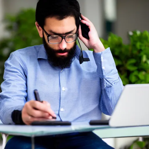 Image similar to A software engineer who is talented but tired is tasked with another dead end support call on the phone, Canon EOS R3, f/1.4, ISO 200, 1/160s, 8K, RAW, unedited, symmetrical balance, in-frame