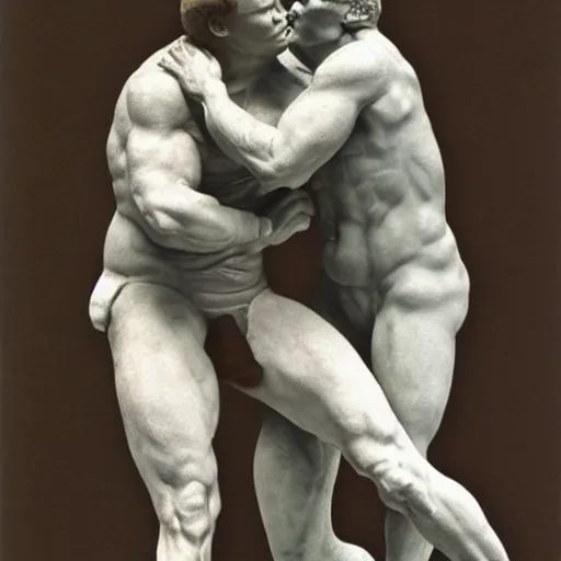 Image similar to conan o'brien and andy richter wrestling, by rodin, marble