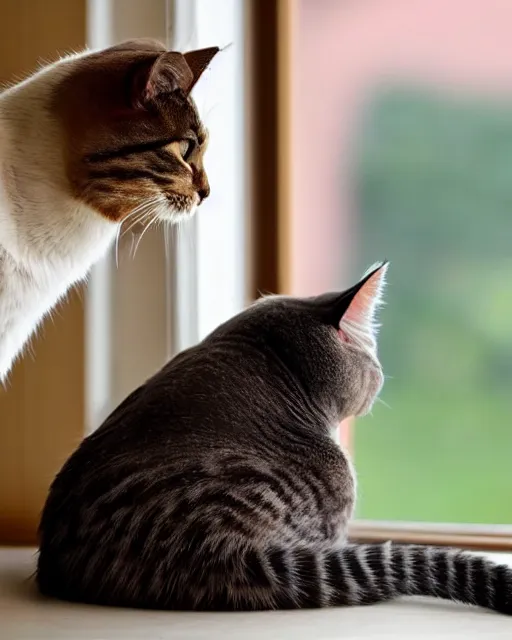 Image similar to a watchful cat is staring out the window at a couple of birds in the yard the birds are hunting for food on the ground. the cat's tail is slowly flicking back and forth