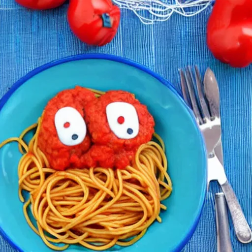 Image similar to spaghetti with meatballs shaped like screaming chucky doll
