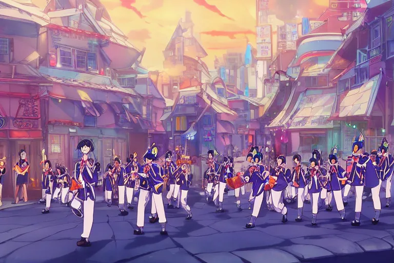 Image similar to anime key visual of a marching band in the middle of a fantasy city in the style of studio ghibli, moebius, makoto shinkai, dramatic volumetric lighting