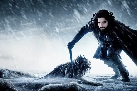 Image similar to very very intricate photorealistic photo of jon snow defeating the night king, photo is in focus with detailed atmospheric lighting, award - winning details