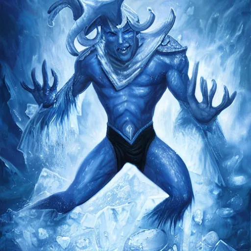 Prompt: a blue tiefling man frozen in ice and shattering into a million pieces, by Tony Sart, detailed, realistic, masterpiece, symmetrical