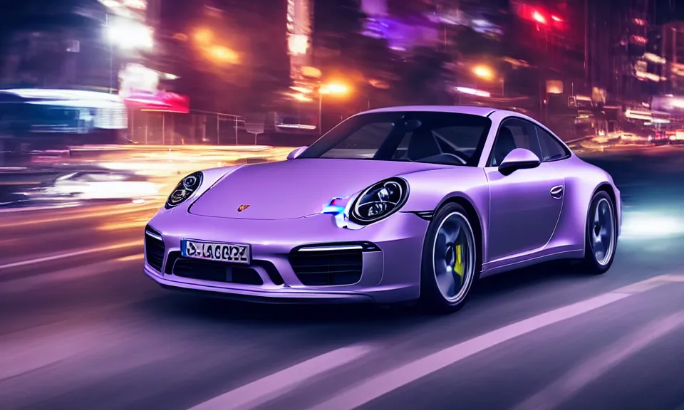 Image similar to photo of a porsche 911 at night driving fast through a city, cinematic, 4k, long exposure photography, blue and purple light