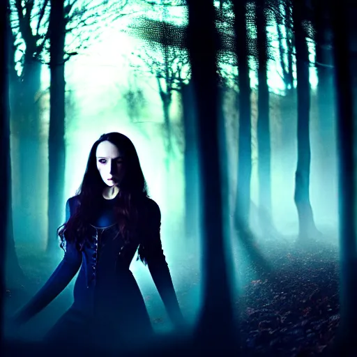 Prompt: Riveting Charismatic brunette female vampire, portrait, atmospheric lighting, painted, intricate, Highgate cemetery, mist, cold, volumetric lighting, beautiful, blue moon light, sharp focus, deep colours, ultra detailed, by Leesha Hannigan, Ross Tran, Thierry Doizon, Kai Carpenter, Ignacio Fernández Ríos