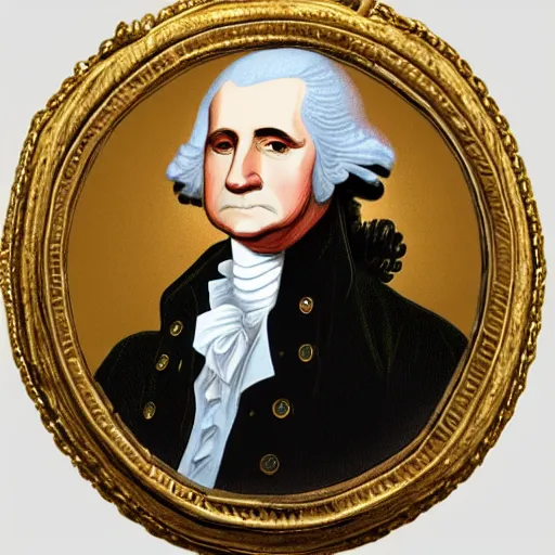 Image similar to a photorealistic colored pencil sketch of a distinguished George Washington wearing a gold chain around his neck with a small Doubloon coin attached as a necklace. This 4K HD image is Trending on Artstation, featured on Behance, well-rendered, extra crisp, features intricate detail and the style of Unreal Engine.