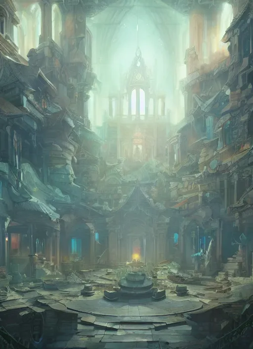 Image similar to a detailed matte painting of a temple interior, broken tiles, broken windows, digital art, immaculate scale, trending on artstation, peter mohrbacher