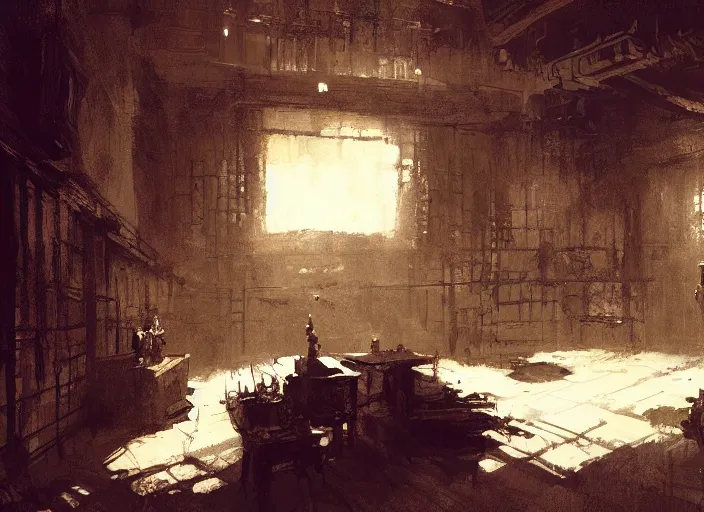 Prompt: torture dungeon room interior, intricate, elegant, highly detailed, john park, frazetta, sparth, ruan jia, jeffrey catherine jones