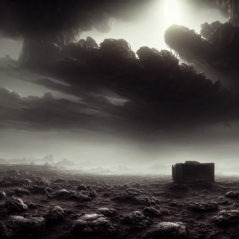 Image similar to surreal mysterious abandoned ribbed broken pc monitor in the foreground, in wastelands on exoplanet, dark clouds, dark washed tint, dream-like heavy atmosphere, dark baroque painting, beautiful detailed intricate insanely detailed octane render trending on Artstation, 8K artistic photography, photorealistic, dramatic volumetric cinematic perfect light, chiaroscuro, award-winning photograph, masterpiece, Raphael, Caravaggio, Beksinski, Giger