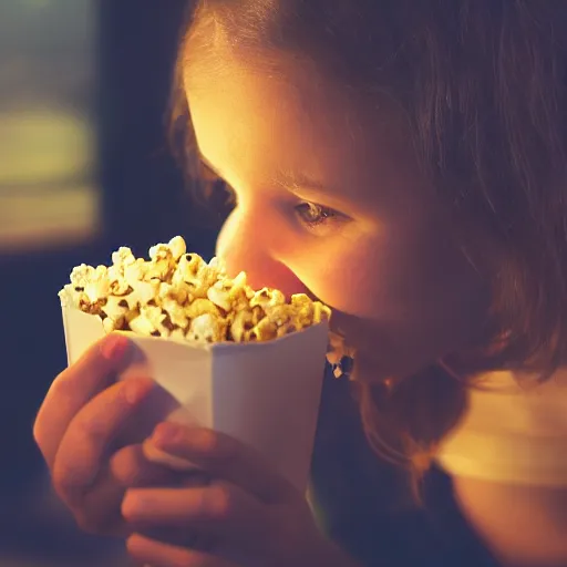 Prompt: photo of tessa eating popcorn, high detail, cinematic, beautiful lighting, fowler, wide angle, warm light, 8k, realistic,