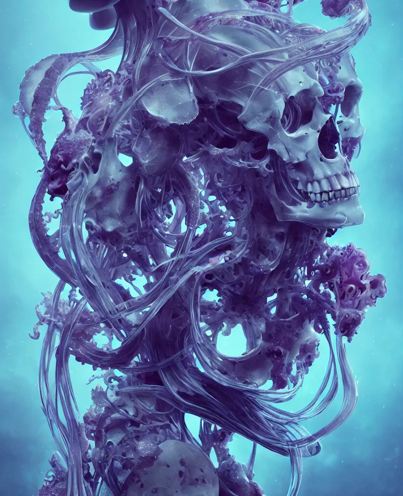 Image similar to symmetry!! goddess close - up portrait human skeleton, ram skull, squid phoenix jellyfish, orchid, betta fish, bioluminiscent, intricate artwork by tooth wu and wlop and beeple. octane render, trending on artstation, greg rutkowski very coherent symmetrical artwork. cinematic, hyper realism, high detail, octane render, 8 k