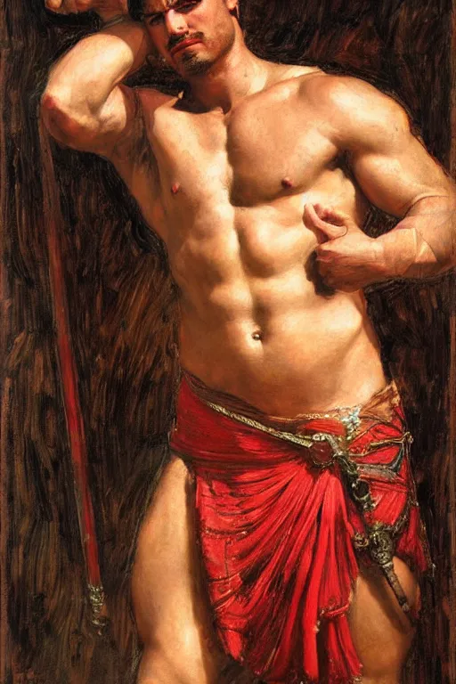 Prompt: muscular gladiator, orientalist intricate portrait by john william waterhouse and edwin longsden long and theodore ralli and nasreddine dinet, hyper realism, dramatic lighting