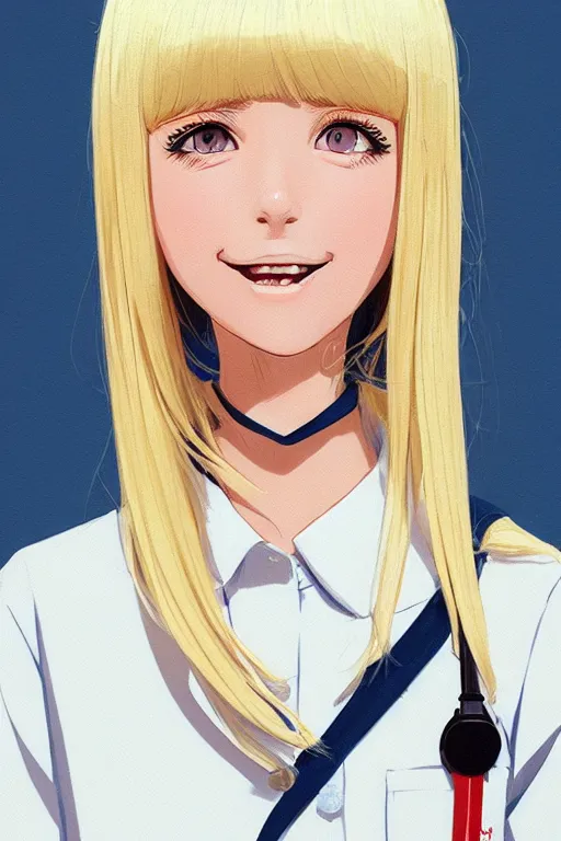 Image similar to a headshot of a very happy cute girl with shoulder - length white hair wearing school uniform, sharp focus, illustration, morandi color scheme, art station, high detailed, by ilya kuvshinov