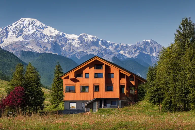 Image similar to architecture photo modern fachwerk house cottage settlement with Elbrus mountain on the background, architecture, photorealism 8k , high details