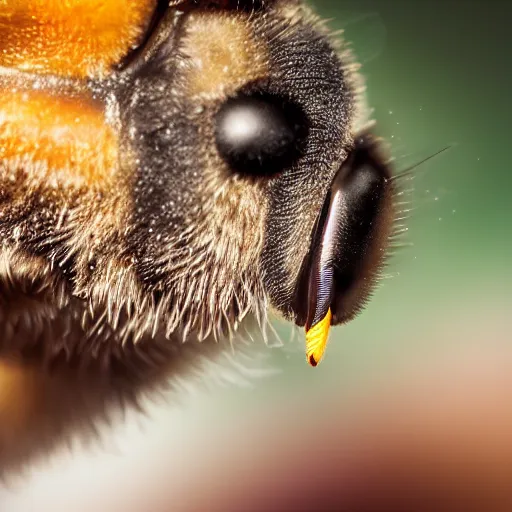 Image similar to macro photography of a bee landing on the pollen covered nose of a dog. bokeh. contest winning photography. 4 k. hyper - realistic