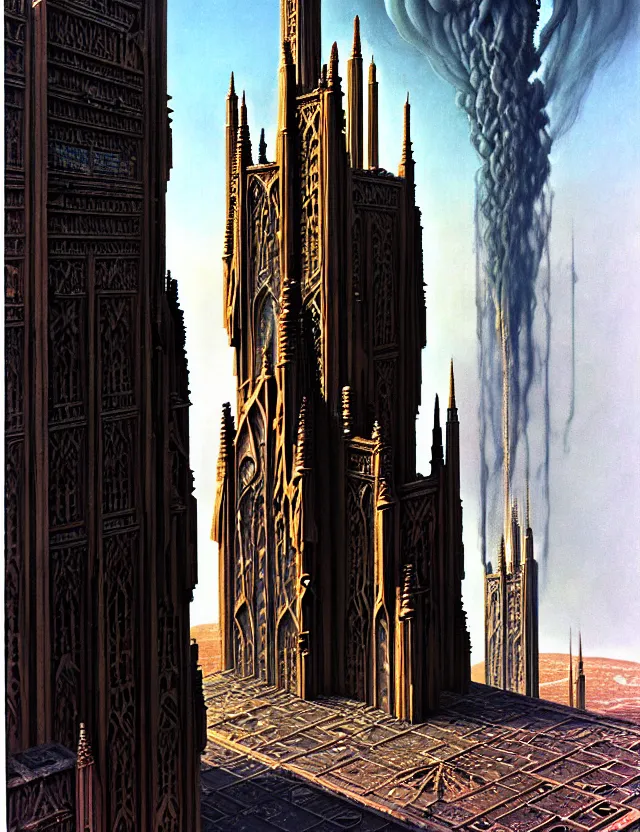 Prompt: close shot of a giant immense tomb gothic architecture advanced technology scifi architectural structure desert planet, fantasy, elevator, side ramp entrance, ambulance, smoke, dead bodies, guards intricate, painting by lucian freud and mark brooks, bruce pennington,