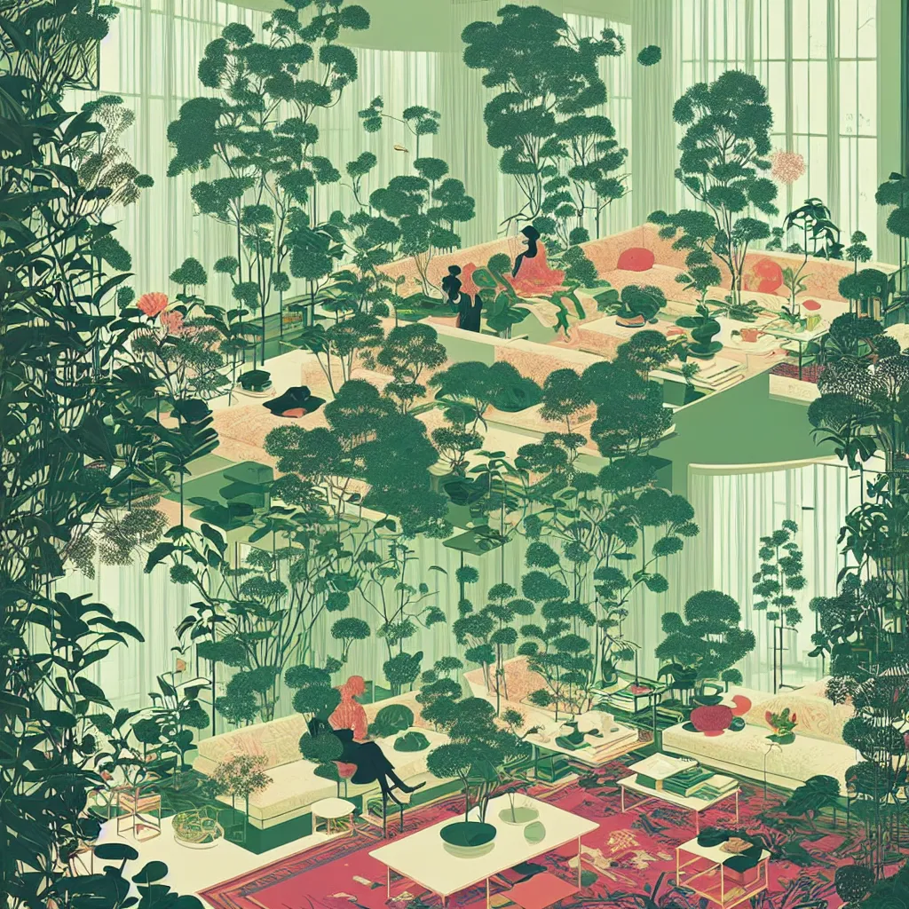 Image similar to luxury living room full of plants and trees by victo ngai