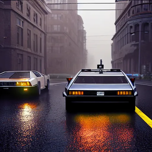 Image similar to hyperdetailed, photorealistic photograph of a dmc 1 2 delorean driving in the streets, rain, night, dense fog, hd, unreal engine 5 by greg rutowski, by stanley artgerm, by alphonse mucha