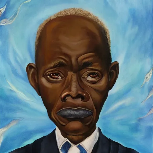 Image similar to a painting of a loving, caring fatherly wide forehead, round face, XXL , generous, ever-present, humble, wise elder from Kenya in a suit by Wangechi Mutu . Fatherly/daddy, focused, loving, leader, relaxed. Blue background, heavenly lights, details, smooth, sharp focus, illustration, realistic, cinematic, artstation, award winning, rgb , unreal engine, octane render, cinematic light, macro, depth of field, blur, red light and clouds from the back, highly detailed epic cinematic concept art CG render made in Maya, Blender and Photoshop, octane render, excellent composition, dynamic dramatic cinematic lighting, aesthetic, very inspirational, arthouse.