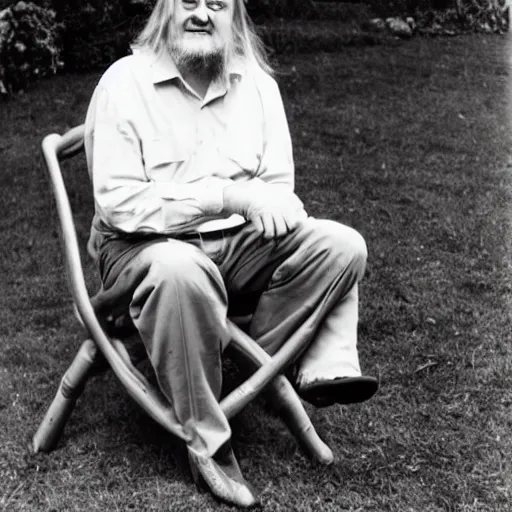 Image similar to robert wyatt sitting on a big spider - chair