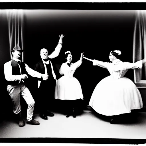 Image similar to pinhole black and white photo of a victorian living room with costumed people dancing