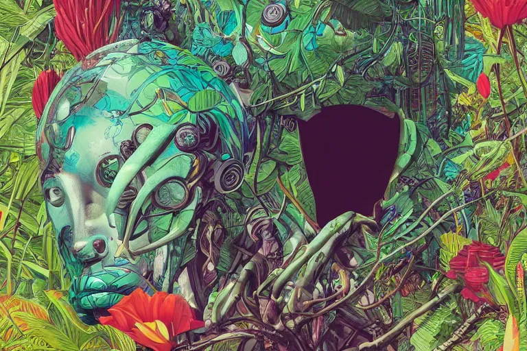 Image similar to gigantic robot head, a lot of exotic vegetation, trees, flowers by moebius, junji ito, tristan eaton, victo ngai, artgerm, rhads, ross draws, hyperrealism, intricate detailed