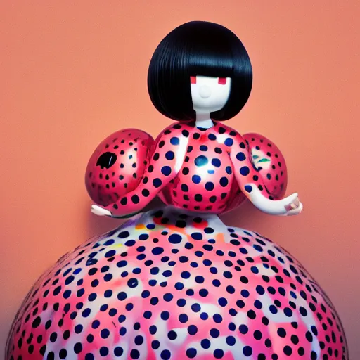 Image similar to yayoi kusama locked in an infiniti room cosplay jeff koons ballon dog, nendroid, art by wgreg rutkowski. during golden hour. extremely reflective.