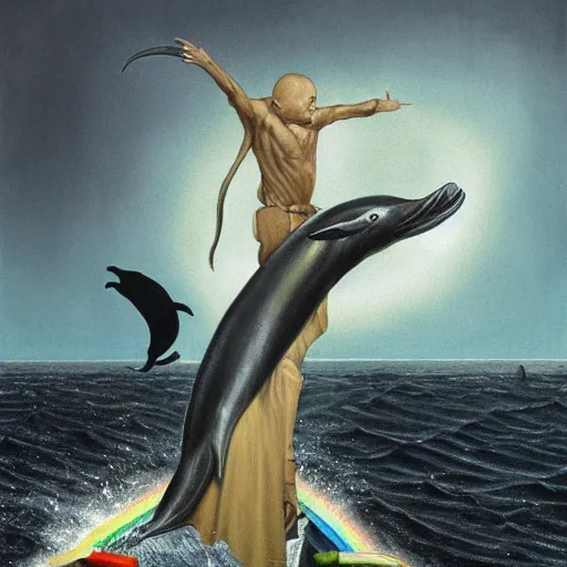 Image similar to a hyper realistic painting of the grim reaper standing on the back of a dolphin that is jumping over a rainbow, by james c christensen and santiago caruso,