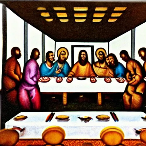 Prompt: the last supper with an alien sitting in the middle of the table