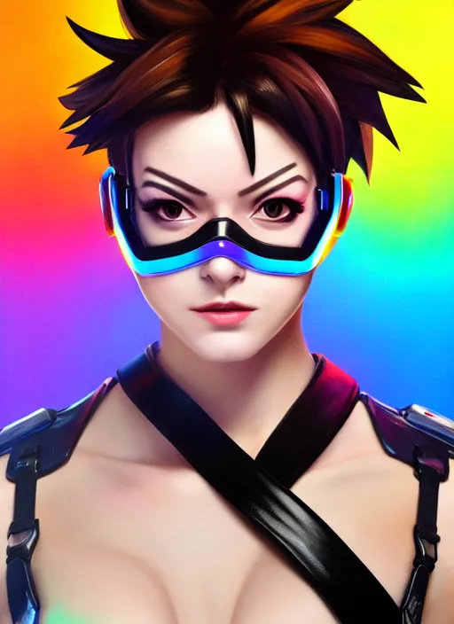 Image similar to overwatch style oil painting portrait of tracer overwatch, confident pose, wearing black iridescent rainbow latex, rainbow, neon, 4 k, expressive surprised expression, makeup, wearing black choker, wearing sleek armor, studio lighting, black leather harness, expressive detailed face and eyes,