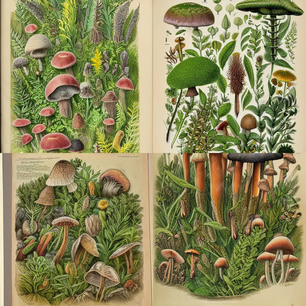 Prompt: plethora of various fungi and critters, lush forest scene, ultradetailed botanical illustration