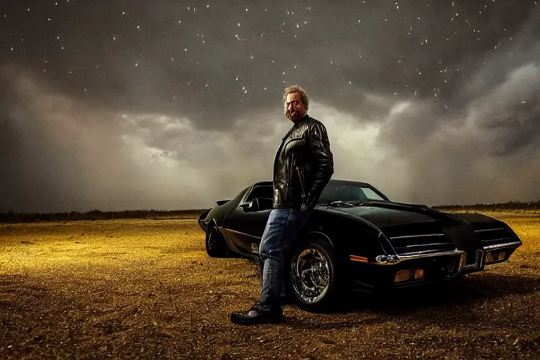 Image similar to close up of micheal knight wearing biker jacket standing next to pontiac firebird trans - am with black paint, sunrise, eerie light, fireflies, dramatic, cinematic, forest, horror, sunbeams, volumetric lighting, wide shot, low angle, lightning storm hitting the car