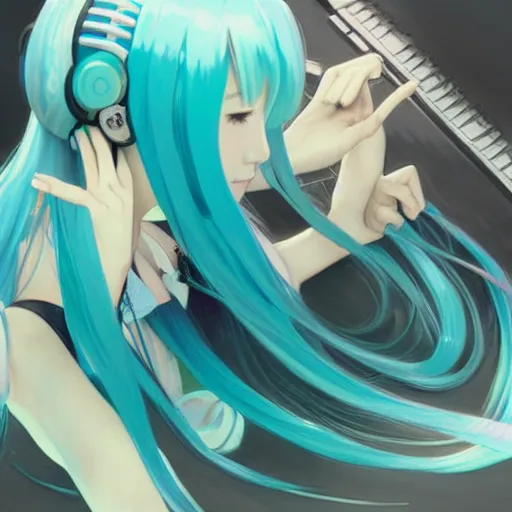 Image similar to hatsune miku using computer, illustration, art by artgerm and greg rutkowski and alphonse mucha