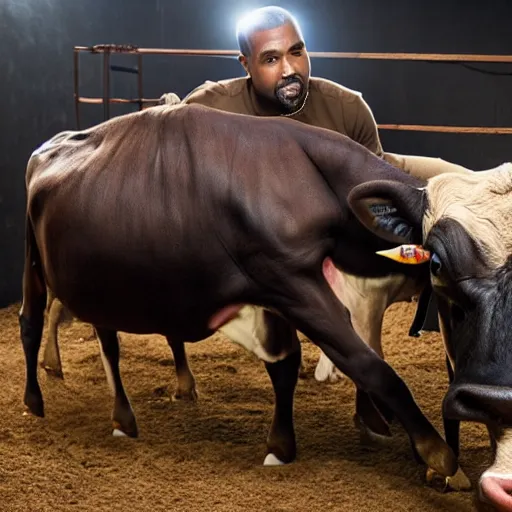 Image similar to kanye west milking a cow, realistic, 8 k, high details, detailed face, sharp focus