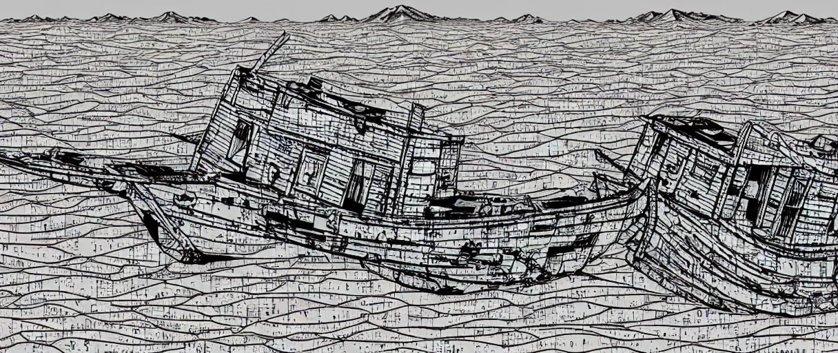 Image similar to a lone abandoned ship in the aral sea desert, in the style of daniel johnston and outsider art, 8 k, line brush, overlaid with chinese adverts