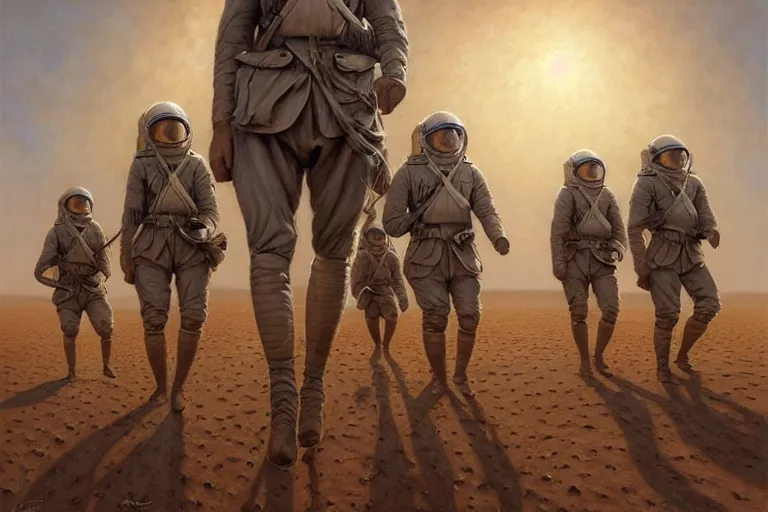 Image similar to portrait shot of ww 1 astronauts marching through the marsian desert, intricate, elegant, highly detailed, centered, digital painting, artstation, concept art, smooth, sharp focus, illustration, artgerm, tomasz alen kopera, peter mohrbacher, donato giancola, joseph christian leyendecker, wlop, boris vallejo