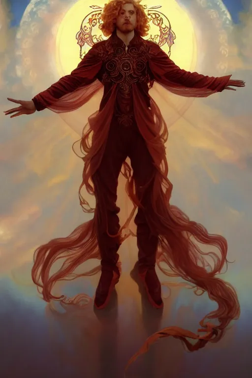 Image similar to symmetrical fullbody portrait of a beautiful young fit male angel with curly blond hairs, fulldressed in long fluent red clothes, majestic big demon wings, luminous fire halo, by greg rutkowski and alphonse mucha, gradient white to gold, in front of an hellish landscape background, highly detailed portrait, digital painting, artstation, concept art, smooth, sharp focus illustration