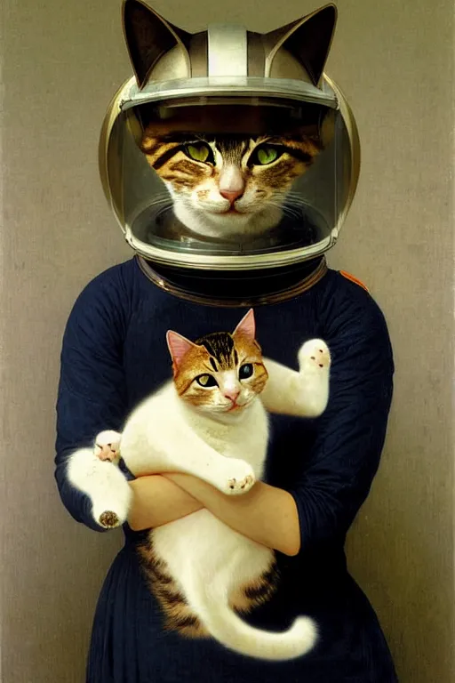 Image similar to portrait of a cat astronaut with japanese armor and helmet, by bouguereau