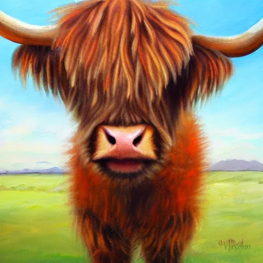 Prompt: cute baby scottish highland cow mucklecoo with long shaggy orange fur detailed painting 4k