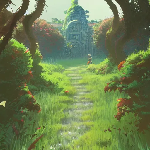 Prompt: Studio Ghibli empty grass landscape with hedge maze, animated, anime, illustrated, vibrant, overgrown, by Greg Rutkowski, dungeons and dragons on artstation