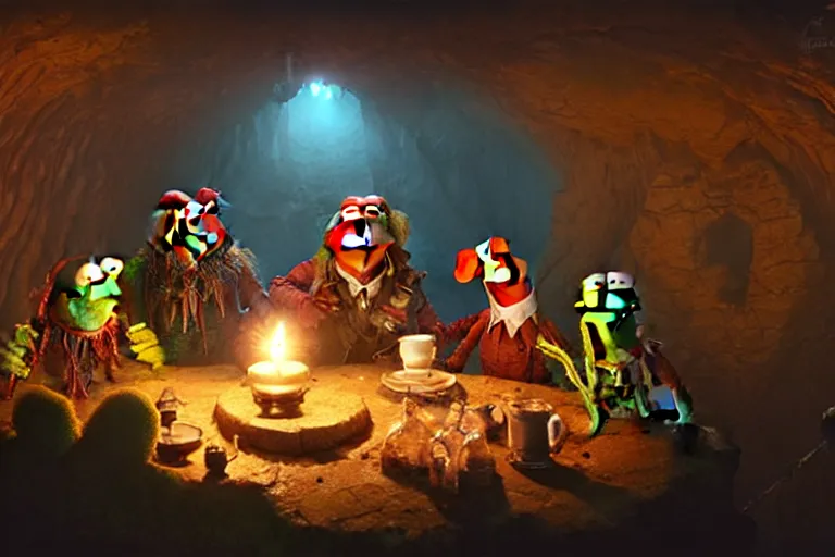 Prompt: muppets drinking tea with a necromancer in a cave, digital art, detailed, soft lighting, art by greg rutkowski, marc simonetti, james gurney