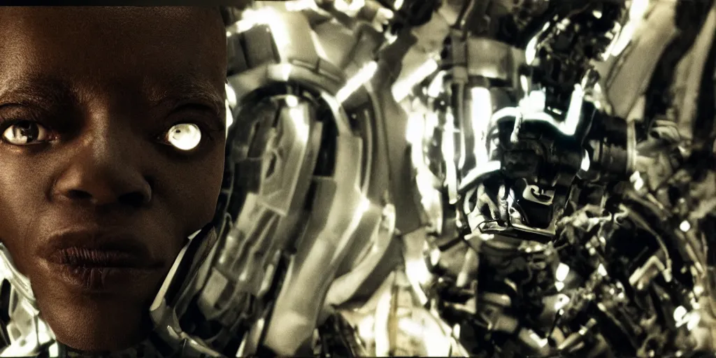 Image similar to a science fiction film still of a black man as a cybernetic cyborg, surrealism, film photography