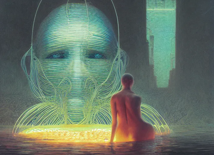 Prompt: face in water, neon, they are watching, RGB, glowing wires everywhere, pristine, by Edgar Maxence and Ross Tran, Zdzisław Beksiński, and Michael Whelan, distant, gustav dore, H.R. Giger, 8k, octane render