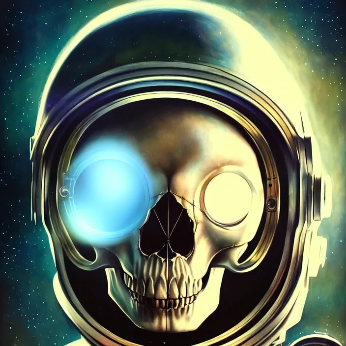 Image similar to ultra realistic retro futuristic astronaut skull helmet, deep space, lens flare, diffuse lighting, fantasy, intricate, elegant, highly detailed, lifelike, photorealistic, digital painting, artstation, illustration, concept art, smooth, sharp focus, art by John Collier and Albert Aublet and Krenz Cushart and Artem Demura and Alphonse Mucha