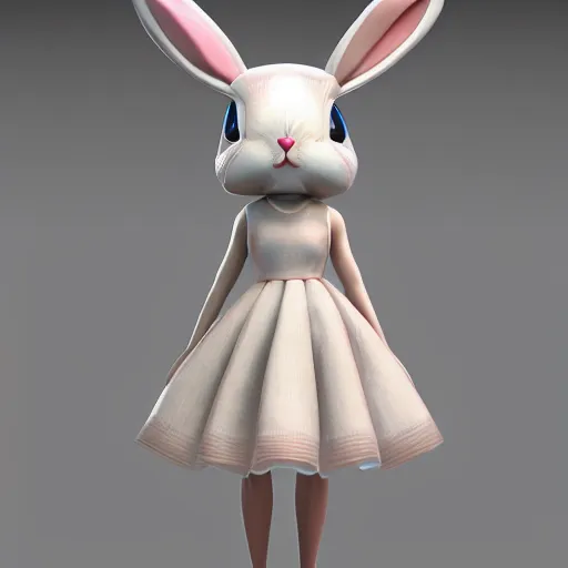 Image similar to beautiful fit female anthropomorphic rabbit with symetric face wearing dress, full body, vray, 5 5 mm