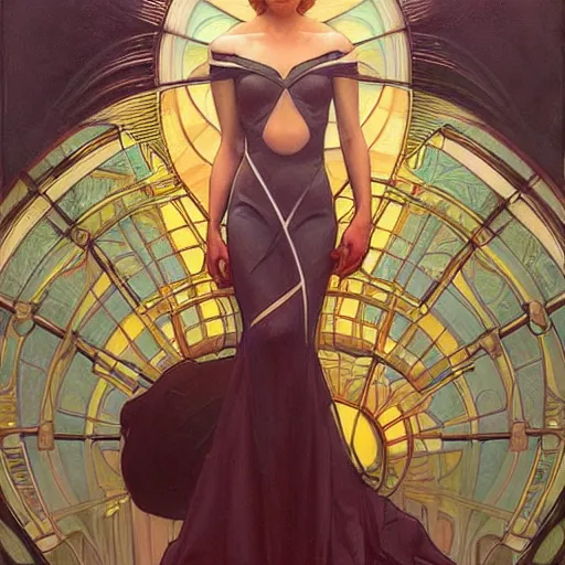 Image similar to a streamline moderne painting in the style of donato giancola, and in the style of tom bagshaw, and in the style of alphonse mucha. symmetry, smooth, sharp focus, semi - realism, intricate detail.