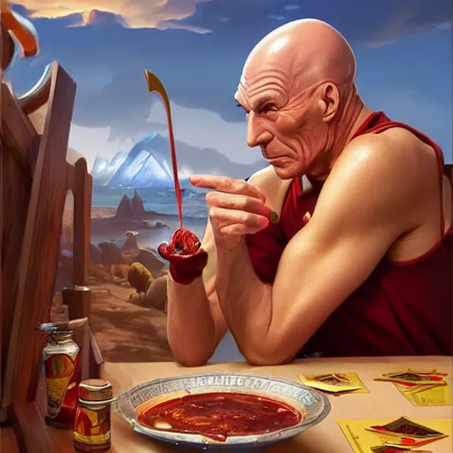 Image similar to Captain Picard sunbathing, dripping BBQ Sauce, serving happy meals, D&D, spilling ketchup, fantasy, intricate, elegant, highly detailed, digital painting, artstation, concept art, matte, sharp focus, illustration, hearthstone, art by Artgerm and Greg Rutkowski and Alphonse Mucha